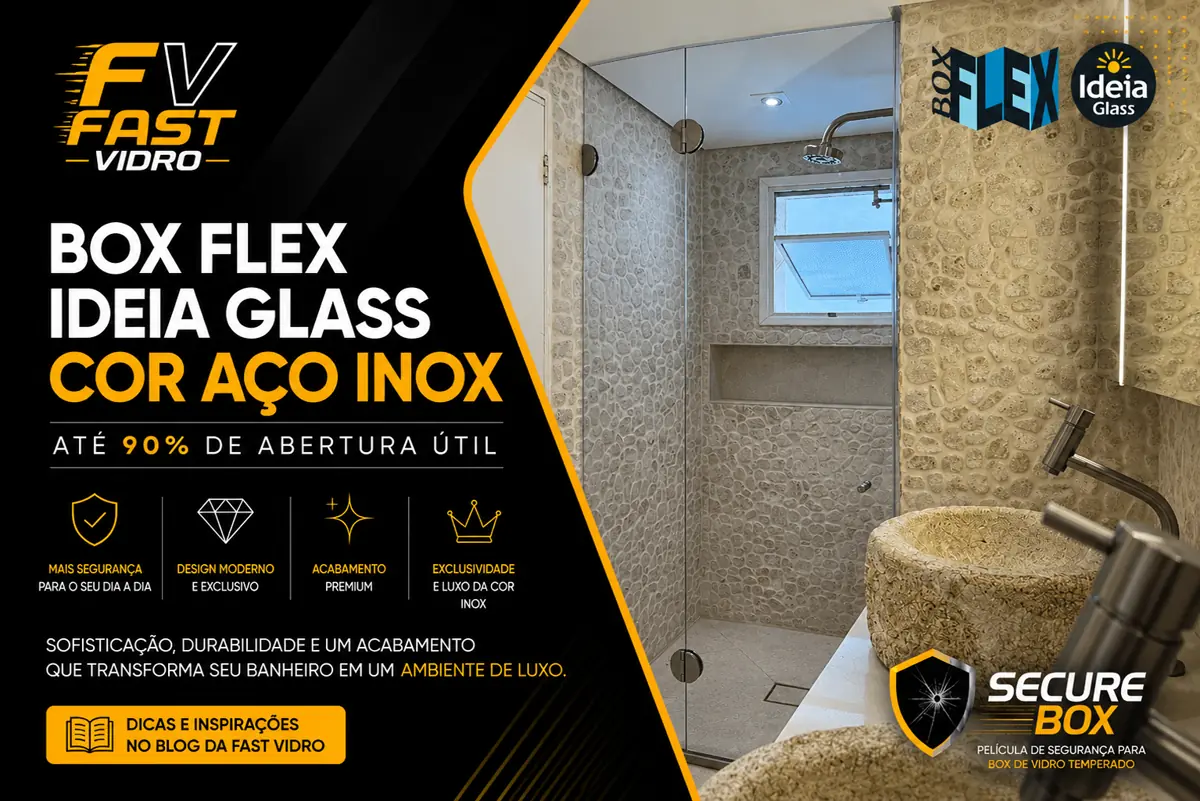 Box Flex Cor Aço Inox Ideia Glass: Luxo Exclusivo com 90% de Abertura para Banheiros em SP